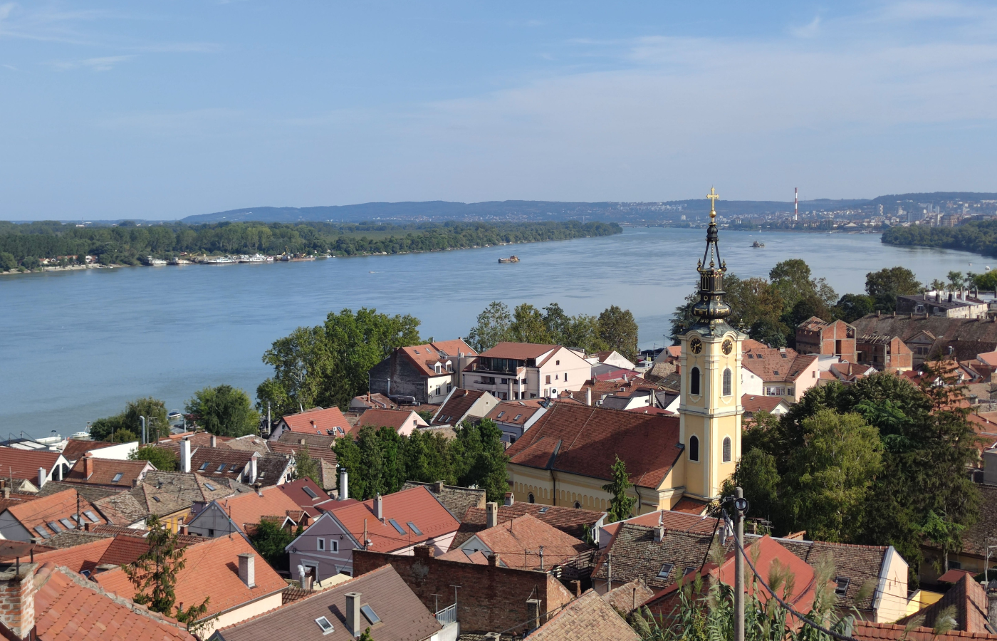 Zemun neighborhood rooftops and the Danube river in Belgrade, Serbia, a family-friendly area popular with relocating expats